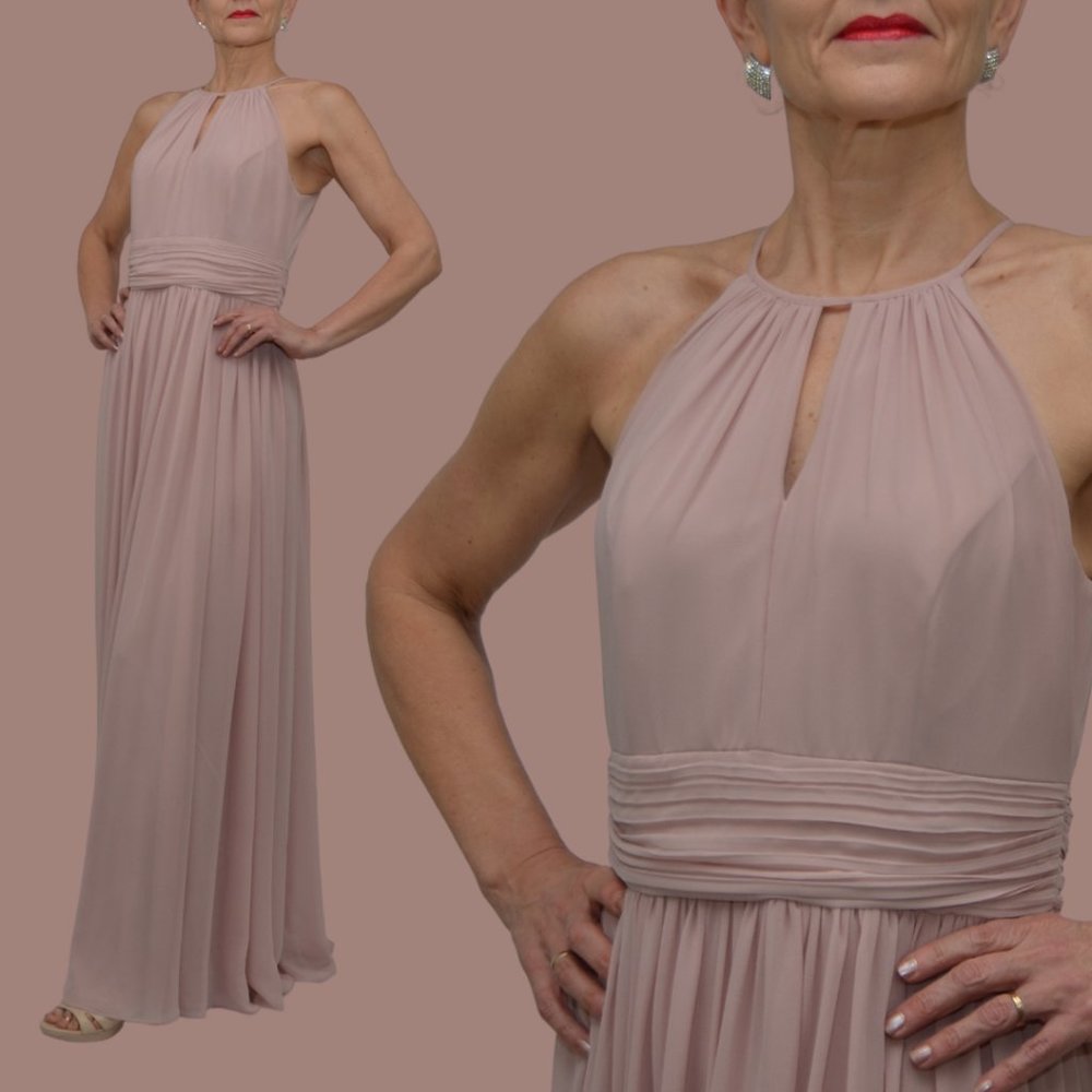 Bill Levkoff | Julia Chiffon Keyhole Halter Neck Gown | Size M | Frost Rose